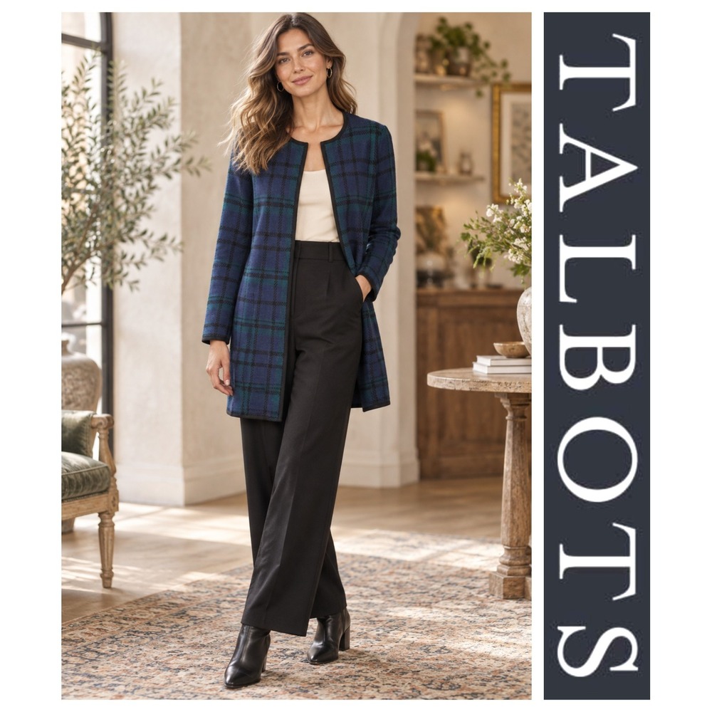 Talbots 100% Pure Merino Wool Open Front Long Plaid Career Cardigan Jacket M